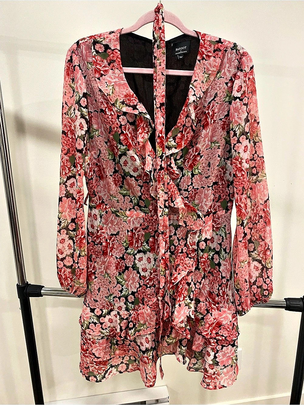 BARDOT Floral Wrap Mini Dress Pink & Black Size
